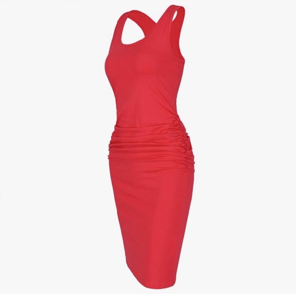 Missufe watermelon red Sleeveless Ruched Bodycon Midi Dress Size M Stretch
